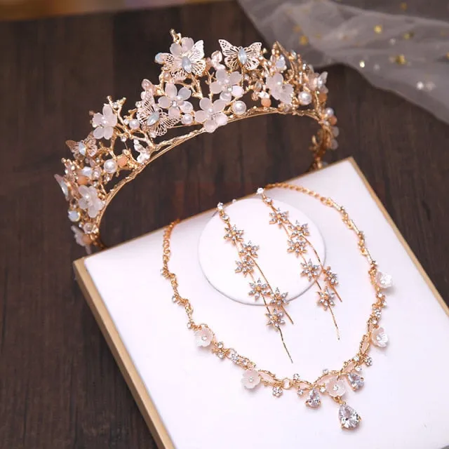 New Silver or Gold Style Crystal and Pearl Beaded Butterfly Theme Tiara - can be purchased with Necklace and Earrings