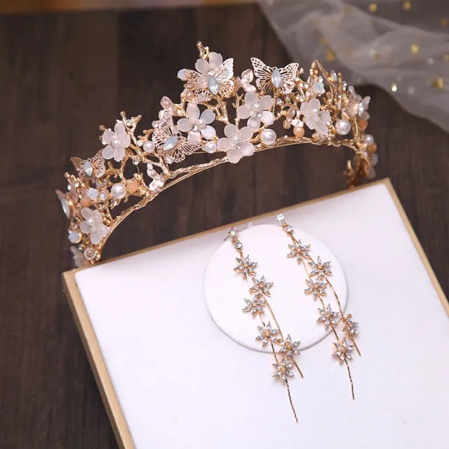 New Silver or Gold Style Crystal and Pearl Beaded Butterfly Theme Tiara - can be purchased with Necklace and Earrings