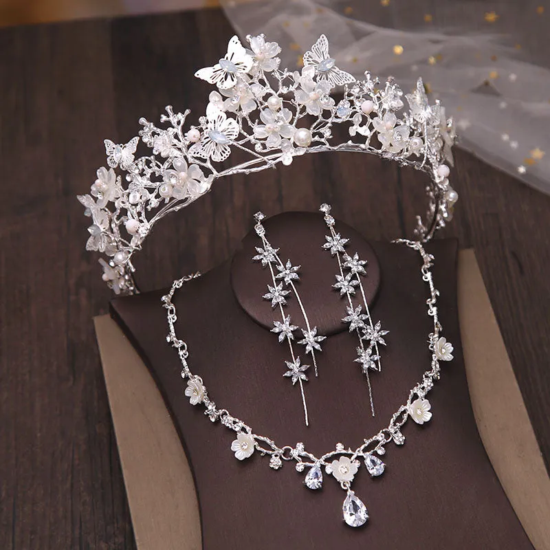 New Silver or Gold Style Crystal and Pearl Beaded Butterfly Theme Tiara - can be purchased with Necklace and Earrings