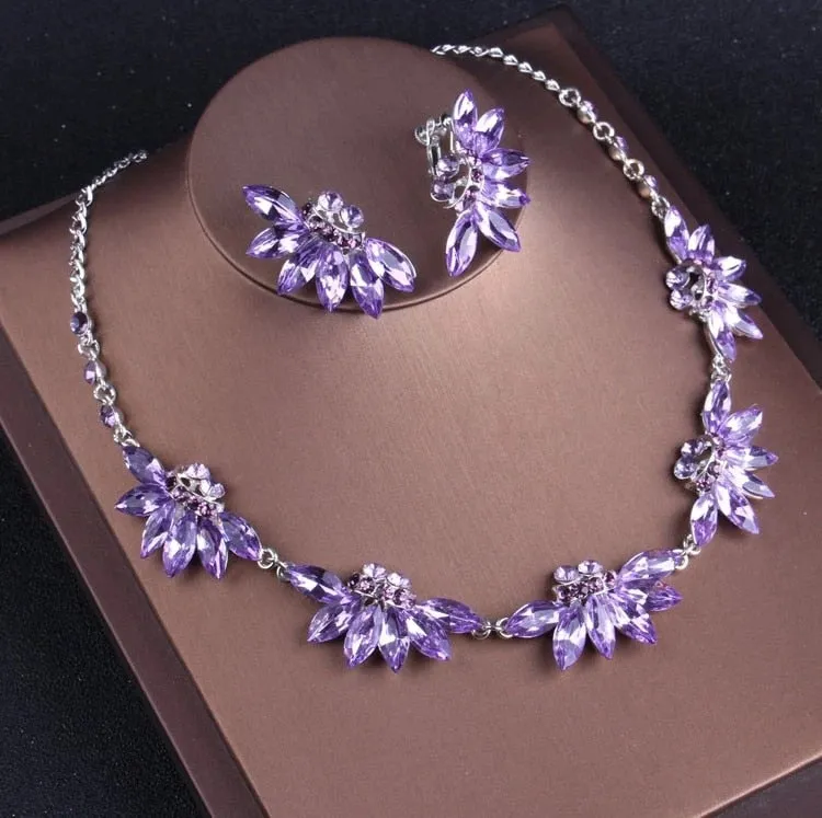 Noble Purple Crystal Necklace Earrings Crown Tiara Jewelry Set Party Accessories