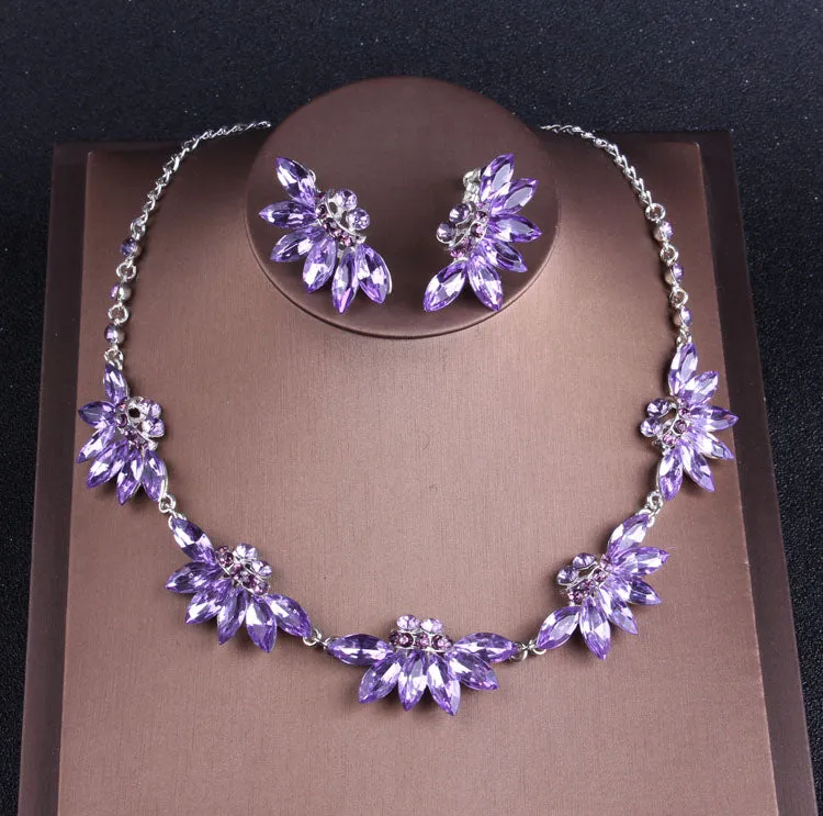 Noble Purple Crystal Necklace Earrings Crown Tiara Jewelry Set Party Accessories