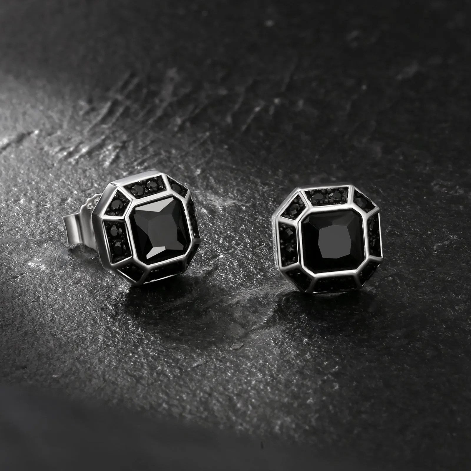 Octagon Black CZ Iced Stud Earrings for Men