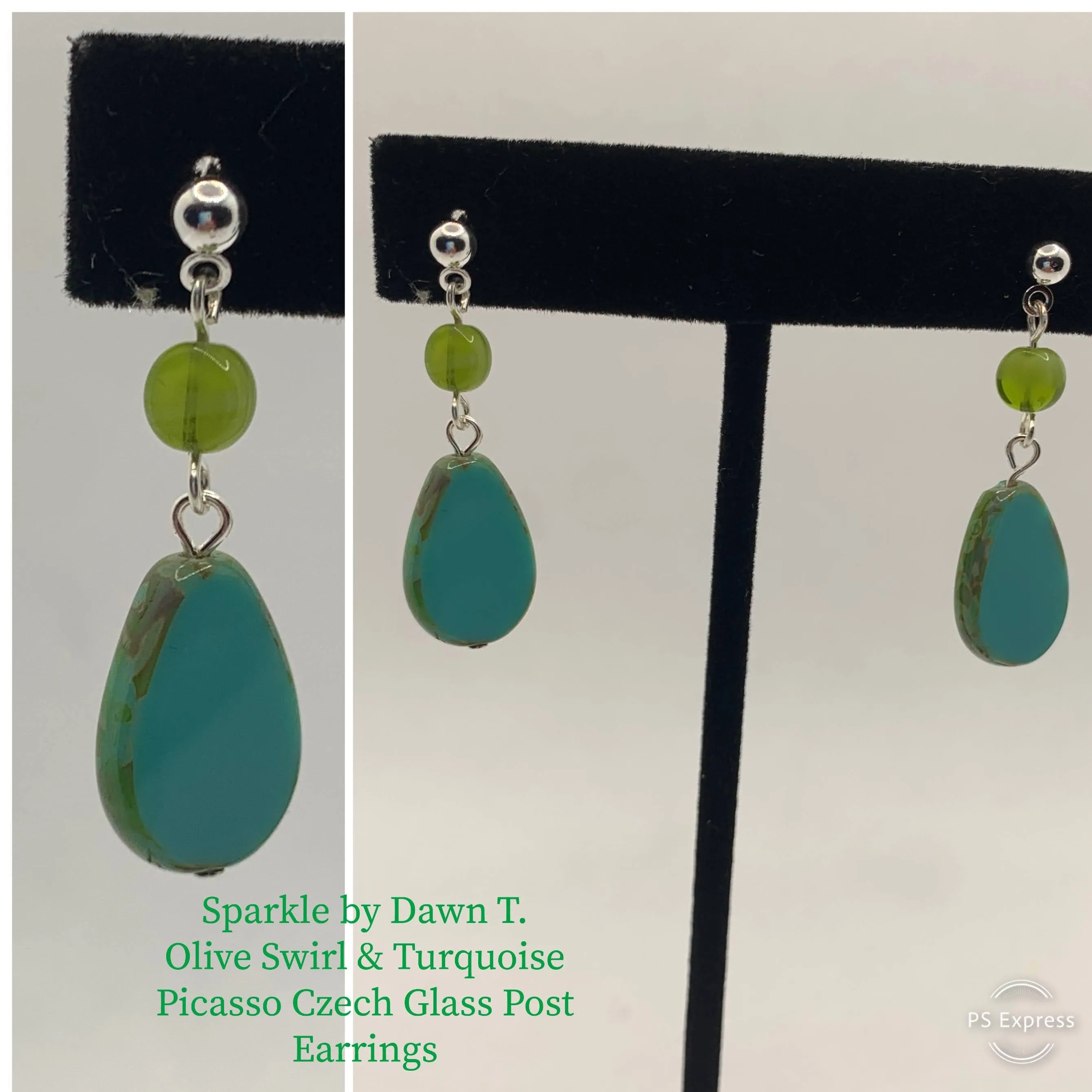 Olive Swirl and Turquoise Picasso Czech Glass Post Earrings