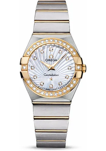 Omega Ladies Constellation Quartz Watch - 27 mm Brushed Steel And Yellow Gold Case - Diamond Bezel - Mother-Of-Pearl Diamond Dial - 123.25.27.60.55.004