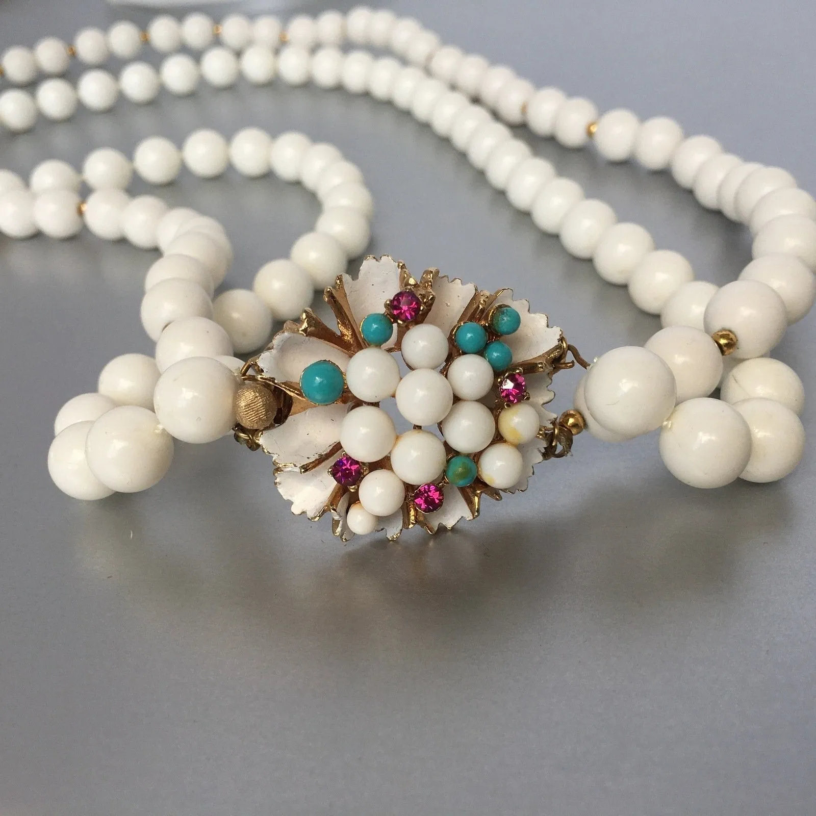 Ornate Floral Clasp White Necklace Vintage Plastic Jewelry