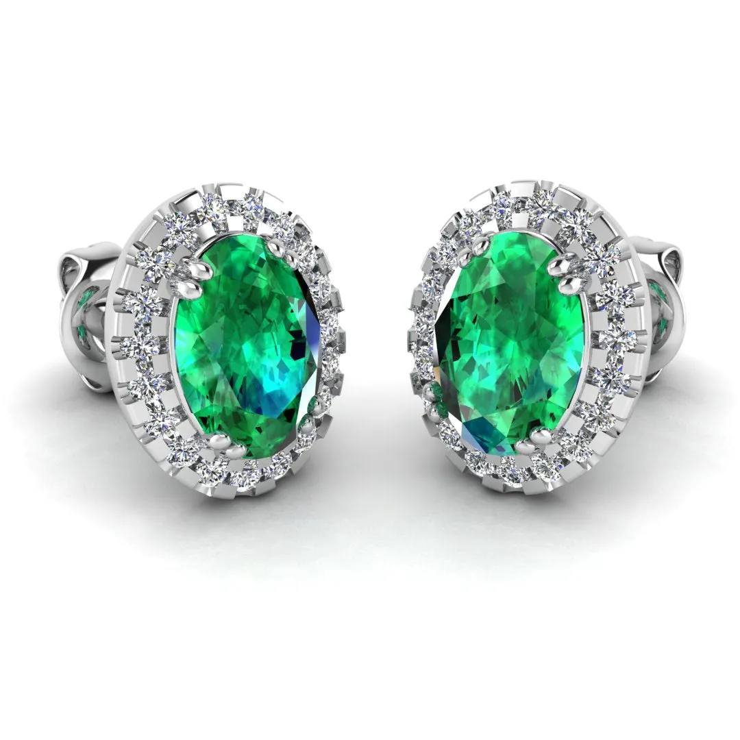 Oval Emerald and Diamond Halo Stud Earrings - EHAOE