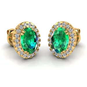 Oval Emerald and Diamond Halo Stud Earrings - EHAOE