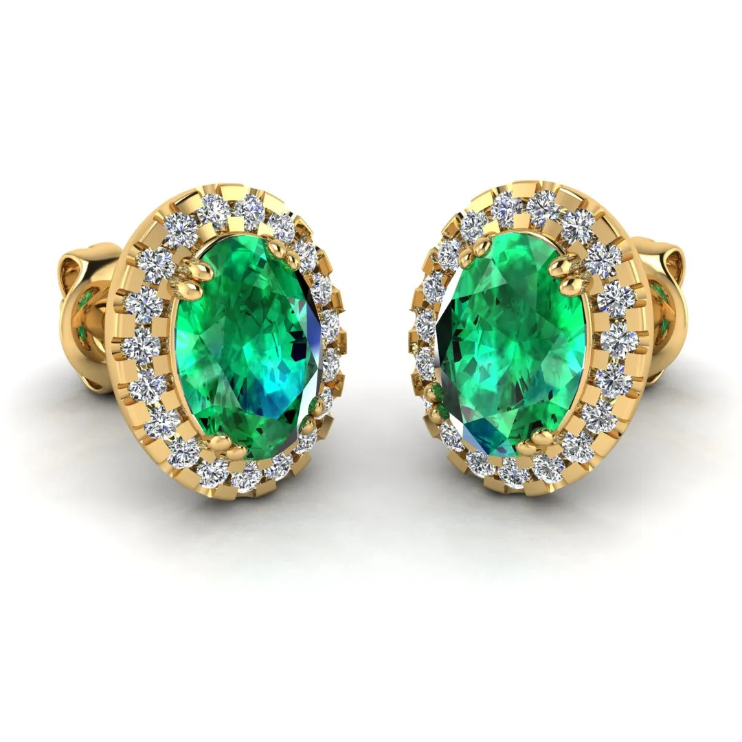 Oval Emerald and Diamond Halo Stud Earrings - EHAOE