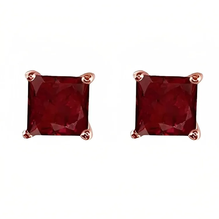 Paris Jewelry 18k Rose Gold 2 Pair Created Ruby 6mm Round & Princess Cut Stud Earrings Plated