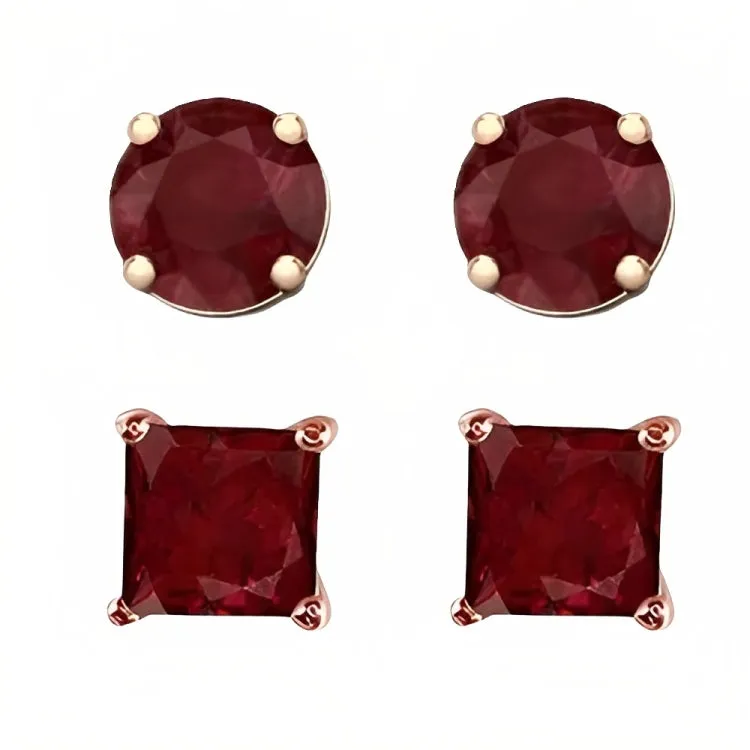 Paris Jewelry 18k Rose Gold 2 Pair Created Ruby 6mm Round & Princess Cut Stud Earrings Plated