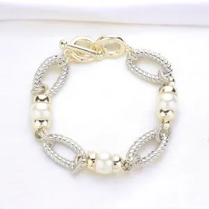 Pearl Station Two Tone Textured  Bracelet