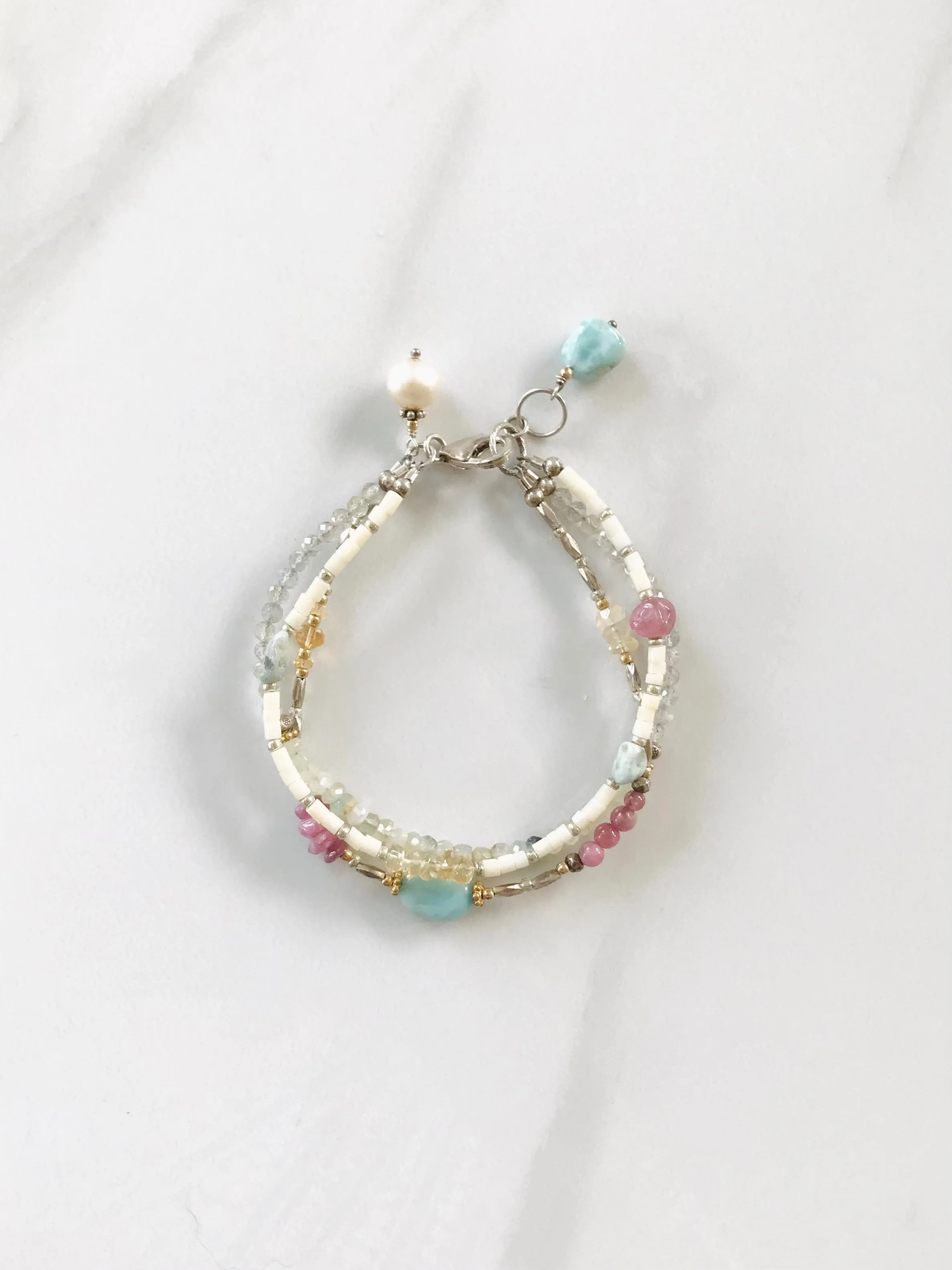 Pink and Blue Boho Bracelet, Larimar, Peruvian Opal, Tourmaline