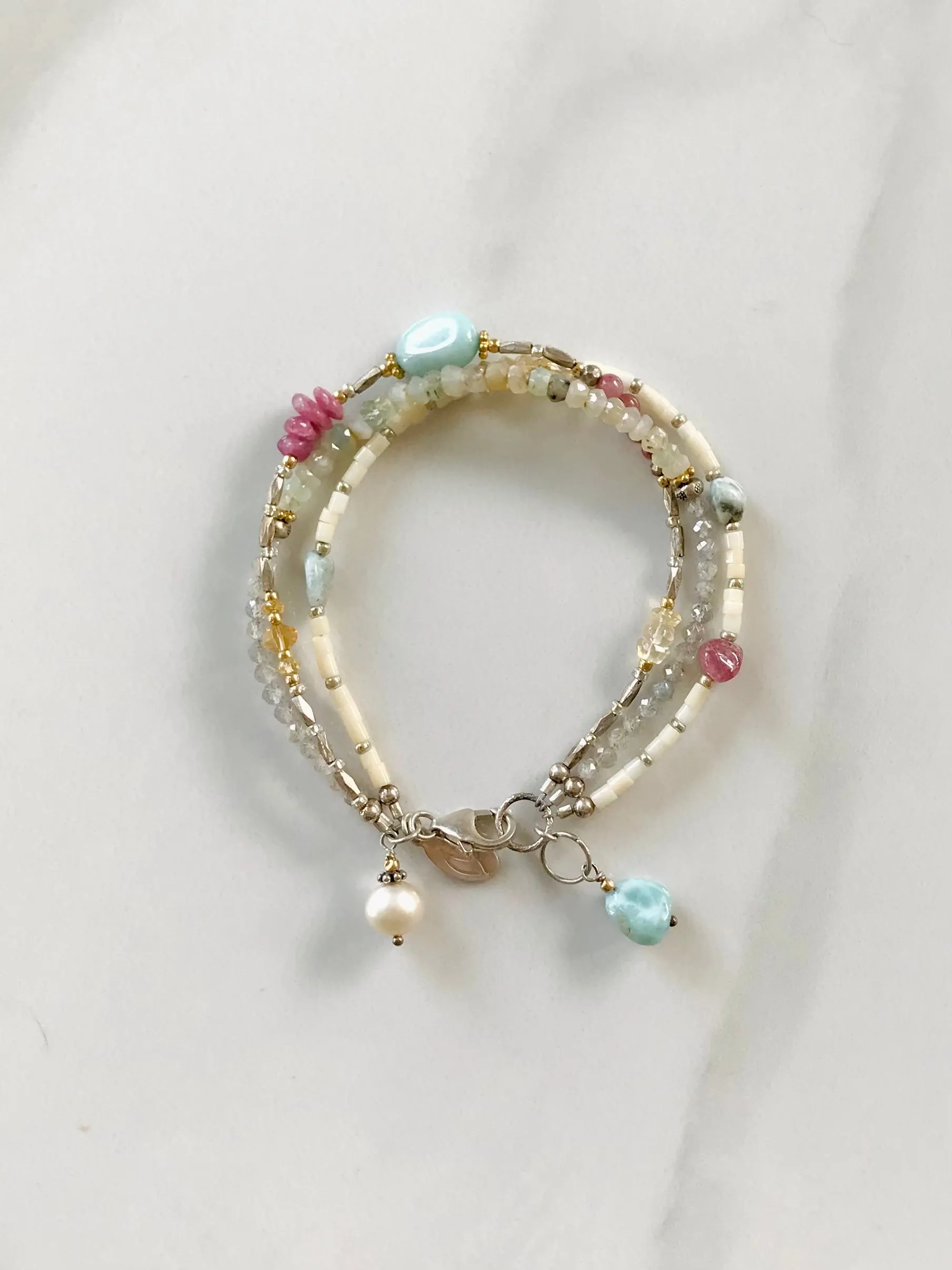 Pink and Blue Boho Bracelet, Larimar, Peruvian Opal, Tourmaline