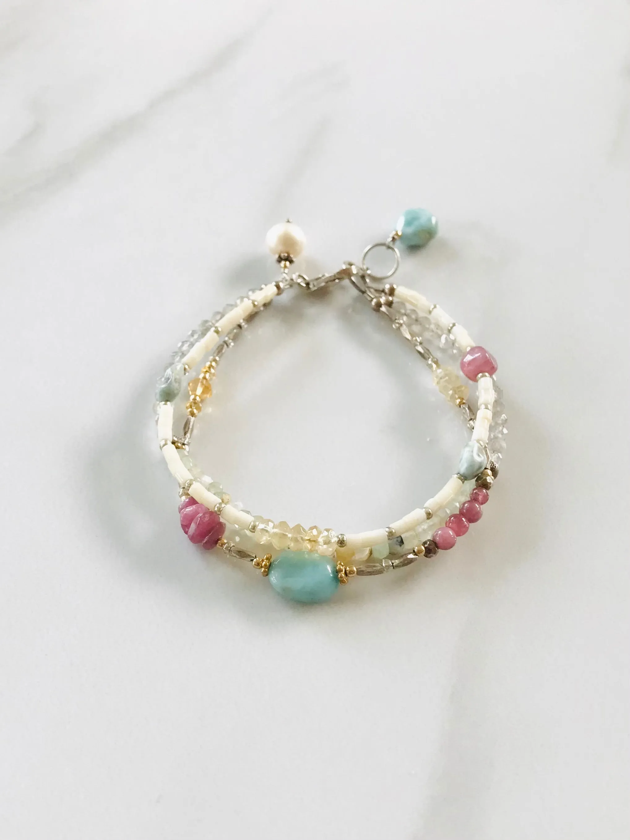 Pink and Blue Boho Bracelet, Larimar, Peruvian Opal, Tourmaline