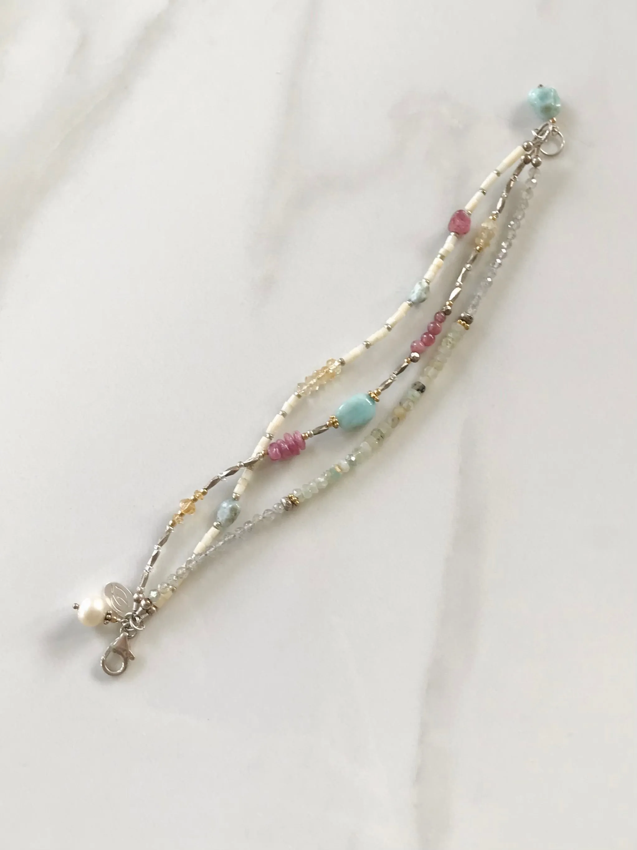 Pink and Blue Boho Bracelet, Larimar, Peruvian Opal, Tourmaline