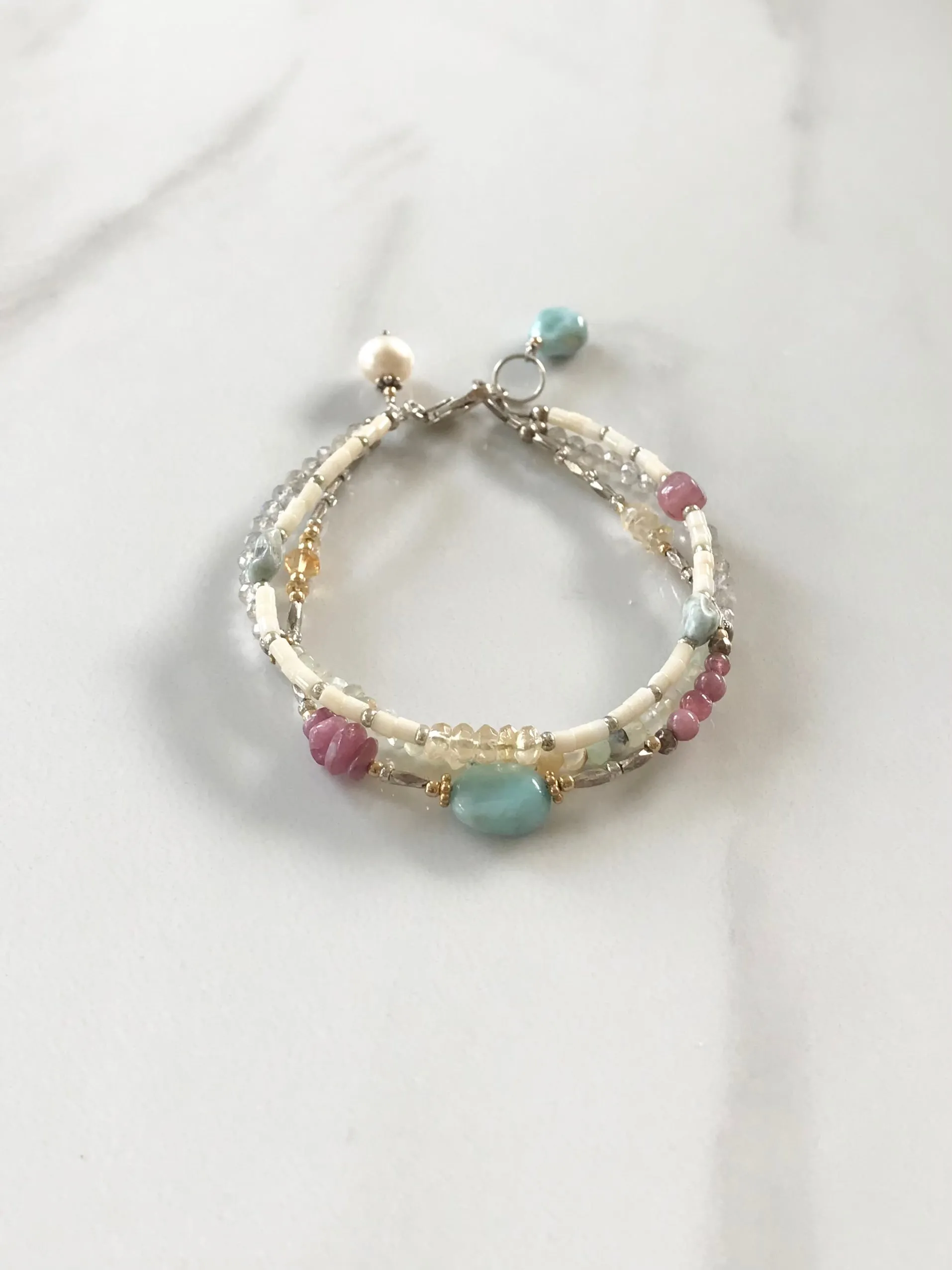 Pink and Blue Boho Bracelet, Larimar, Peruvian Opal, Tourmaline