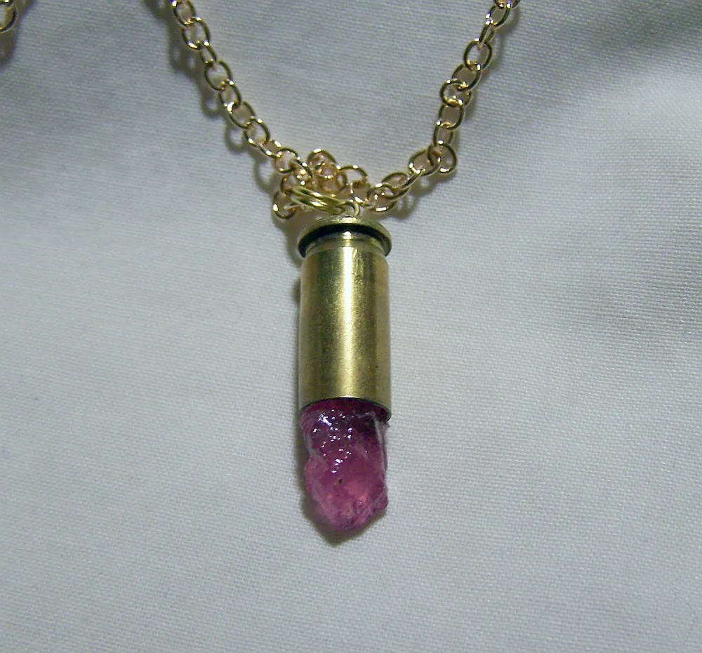 Pink Ruby Gemstone Natural Crystal Bullet Jewelry Pendant Necklace