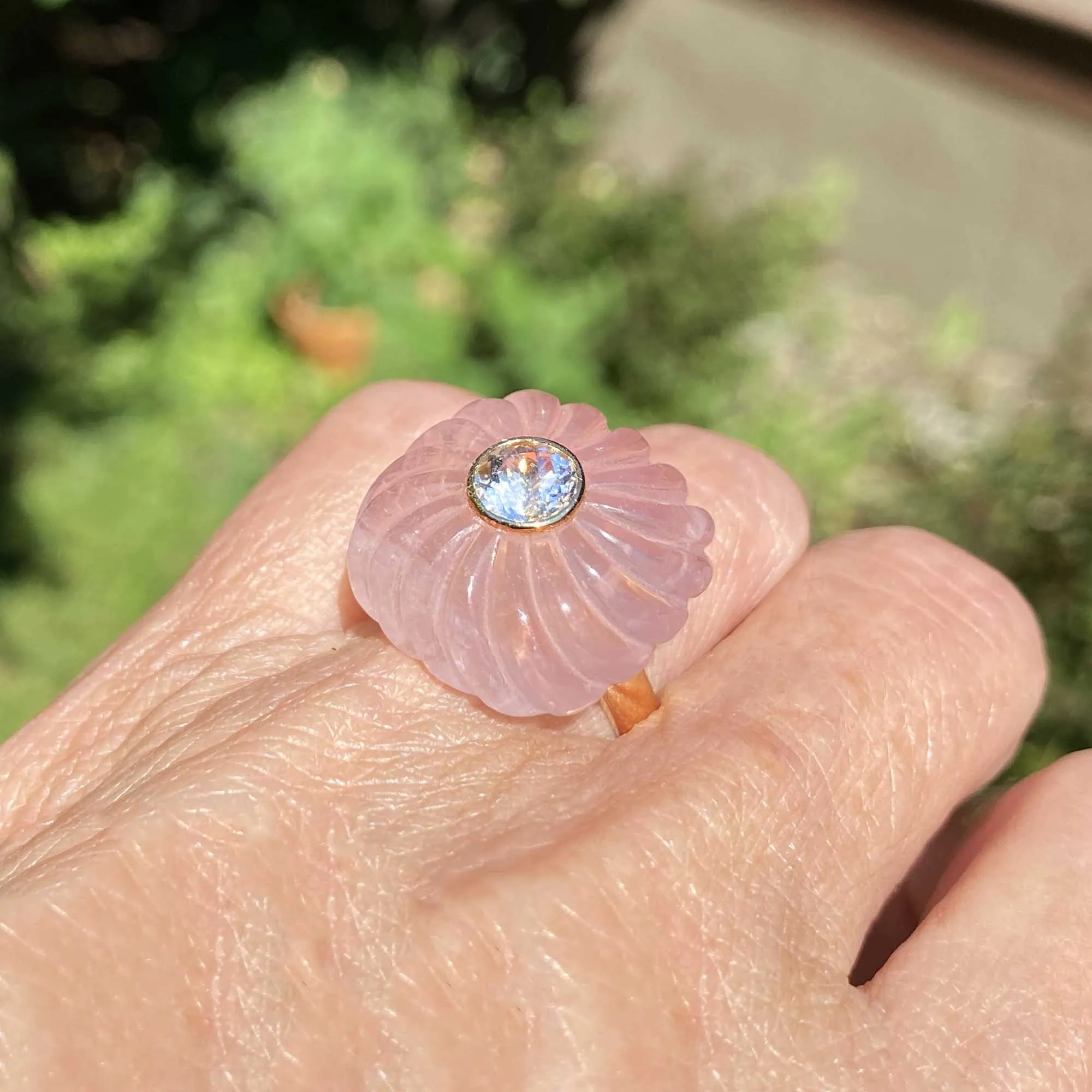 Pinwheel Carved Rose Quartz Blue Topaz Ring in 14K Gold