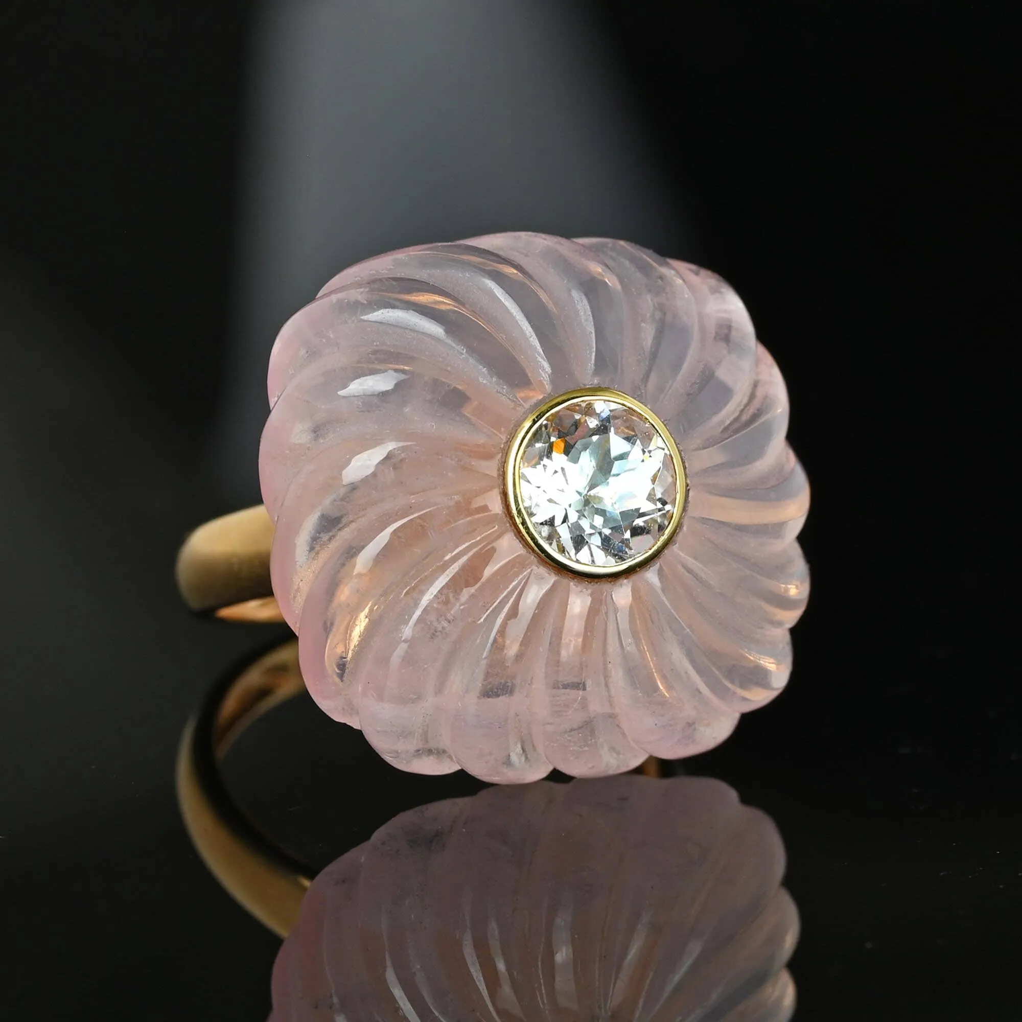 Pinwheel Carved Rose Quartz Blue Topaz Ring in 14K Gold