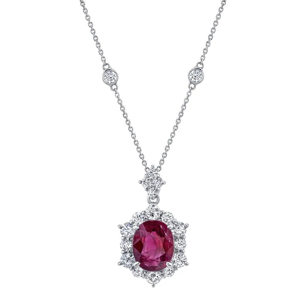 Platinum 4.20ct Ruby and Diamond Halo Necklace