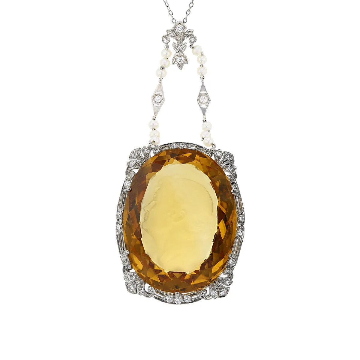 Platinum Intaglio Citrine Diamond Edwardian Pendant