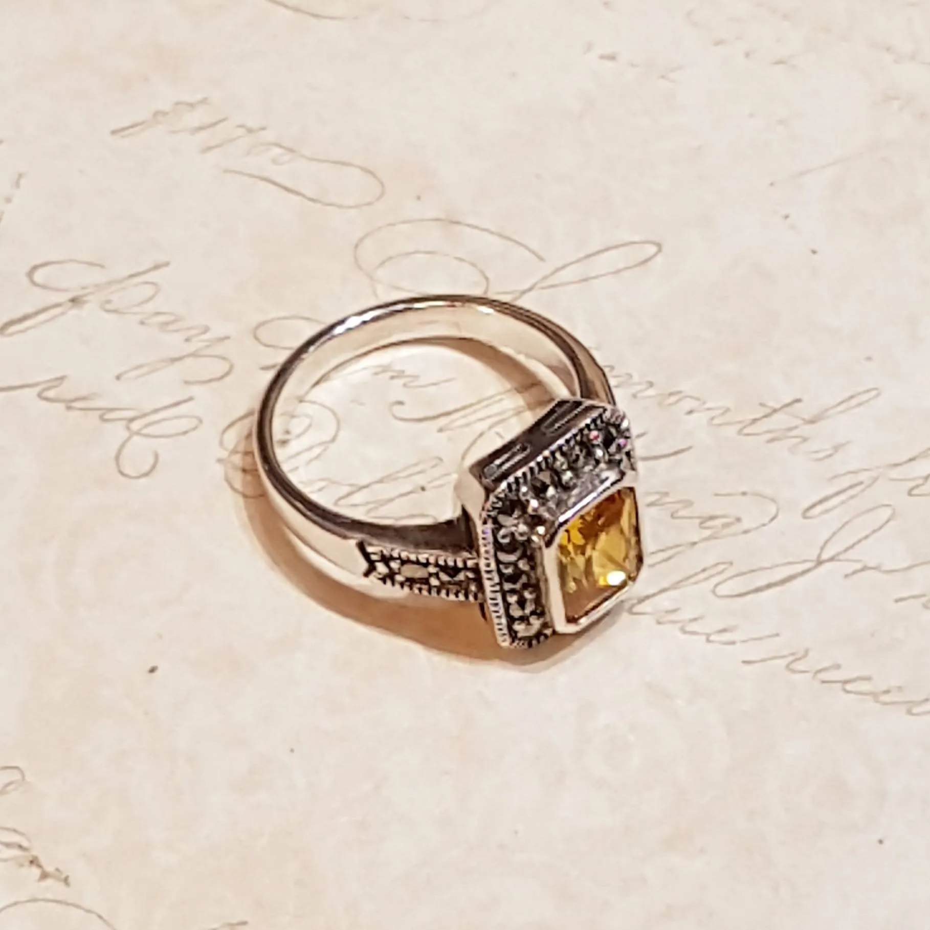 Princess Solitaire Citrine Silver Marcasite Square Ring