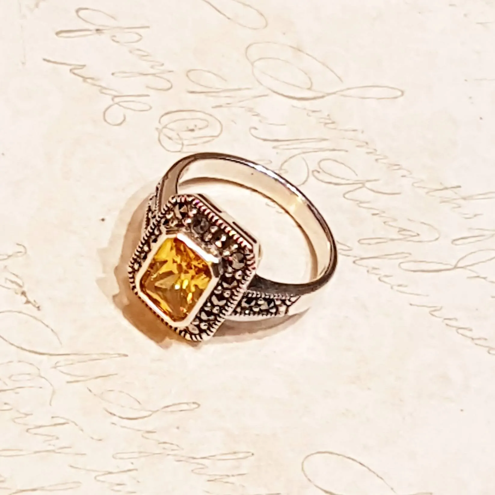 Princess Solitaire Citrine Silver Marcasite Square Ring