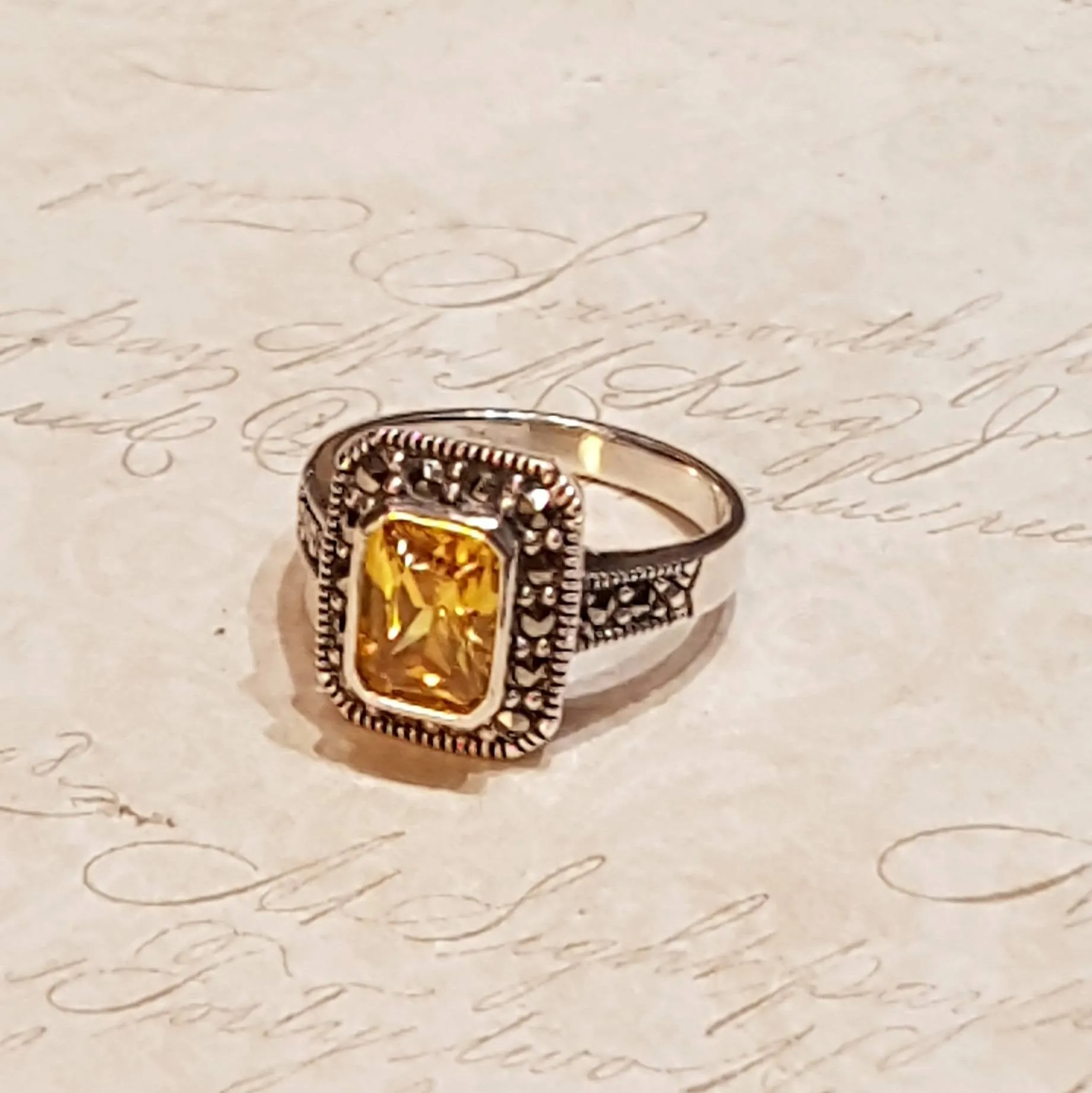 Princess Solitaire Citrine Silver Marcasite Square Ring