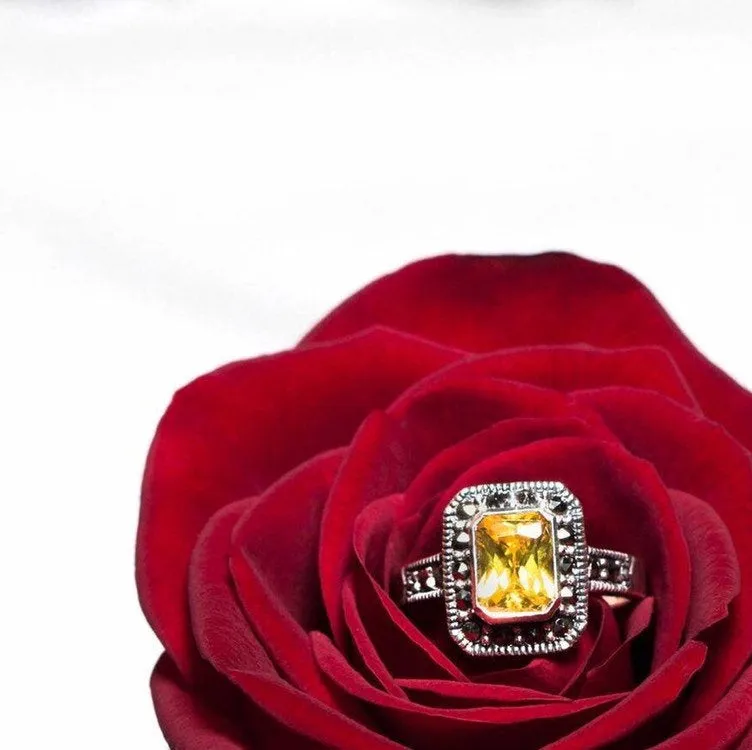 Princess Solitaire Citrine Silver Marcasite Square Ring