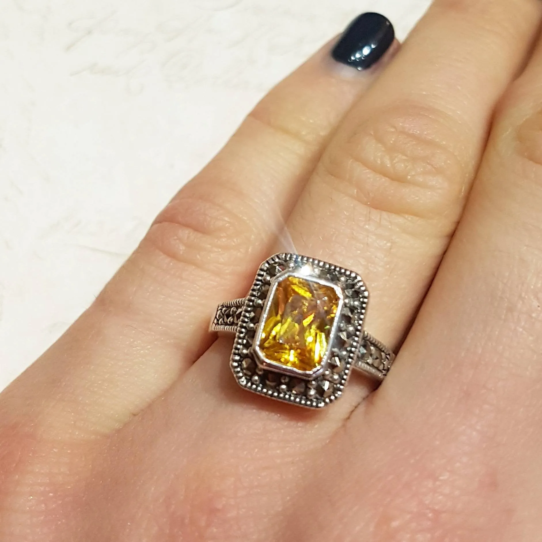 Princess Solitaire Citrine Silver Marcasite Square Ring