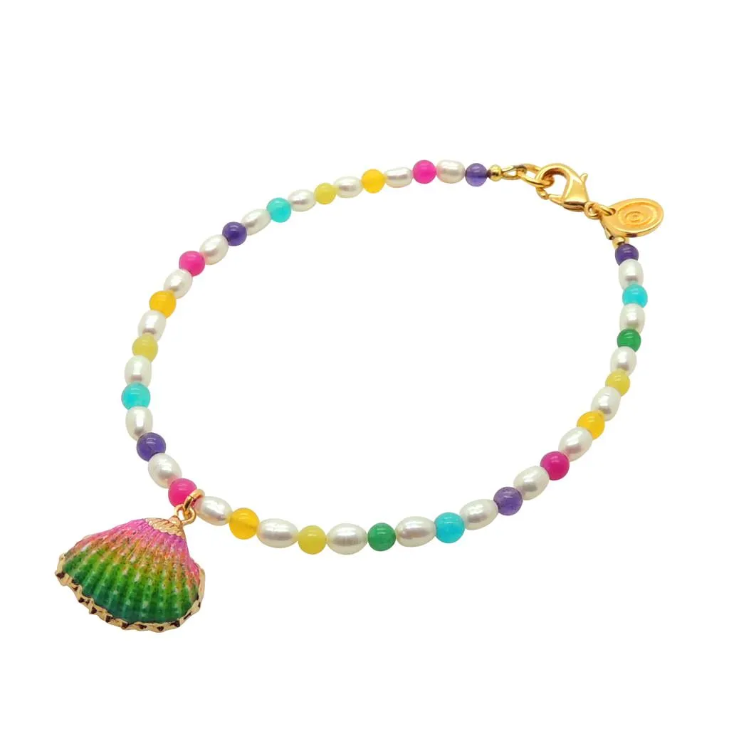 Rainbow Seashell Charm Freshwater Pearl Anklet