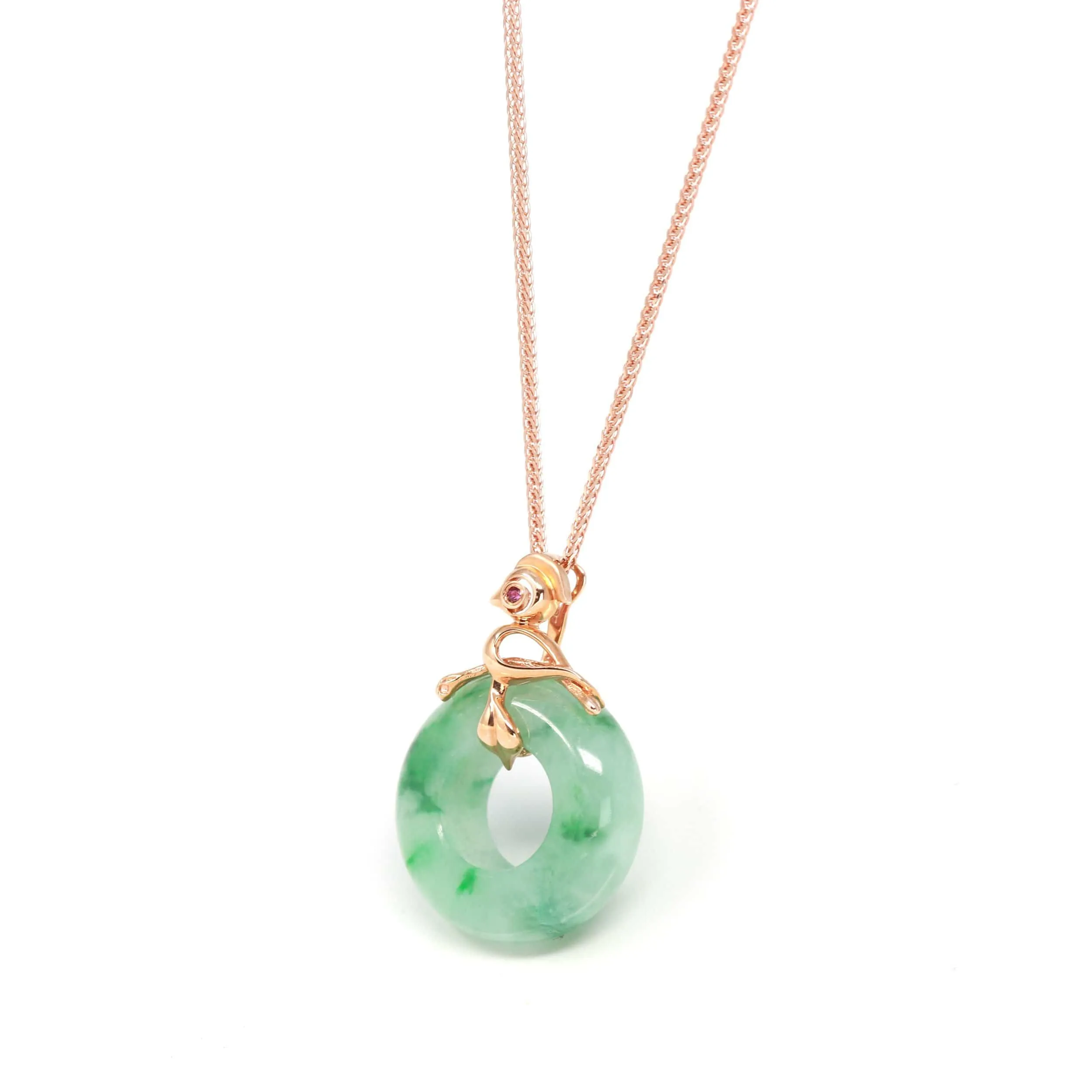 RealJade® "Good Luck Birdie" 18k Rose Gold Genuine Burmese Jadeite Lucky Pendant Necklace With AA Ruby & Diamond