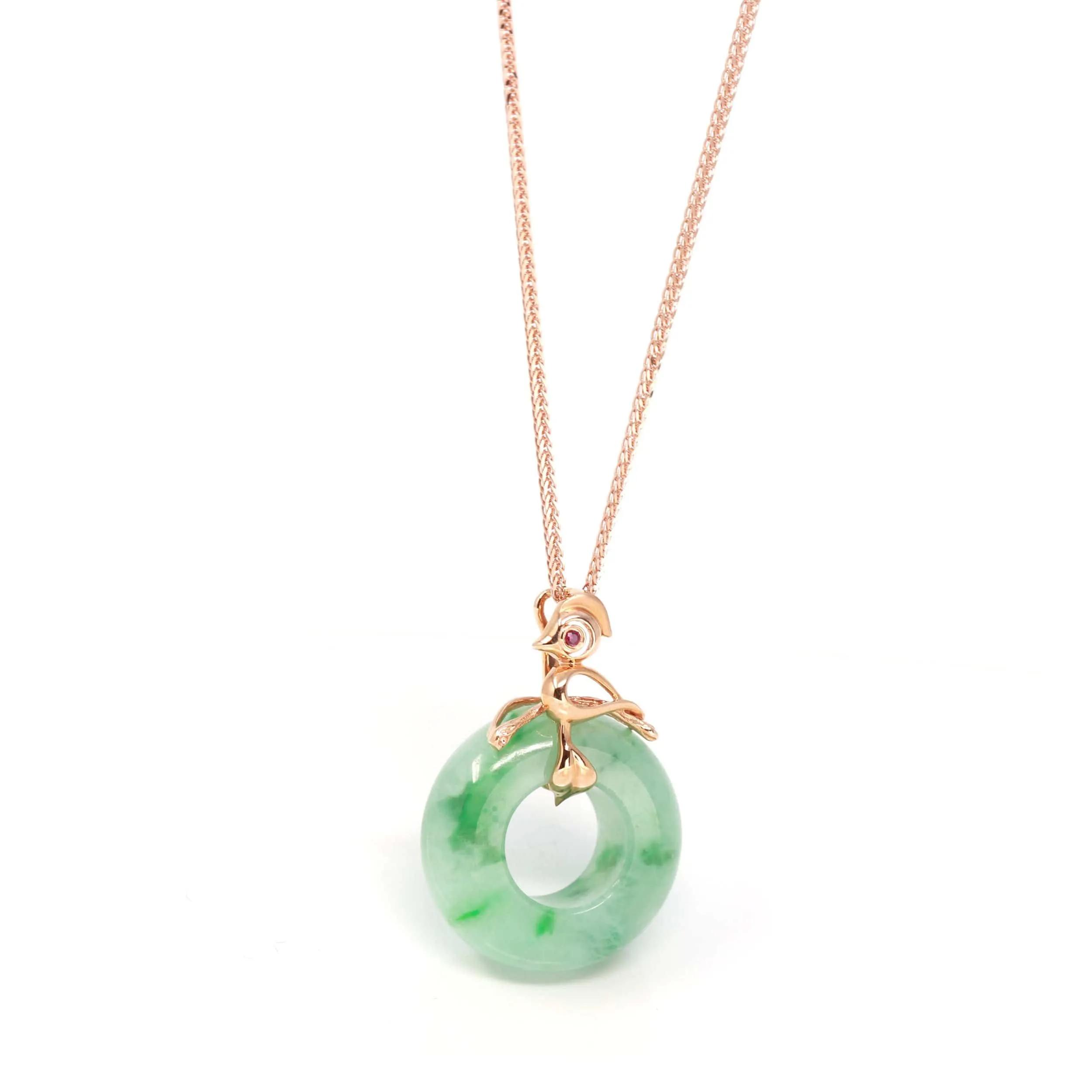 RealJade® "Good Luck Birdie" 18k Rose Gold Genuine Burmese Jadeite Lucky Pendant Necklace With AA Ruby & Diamond