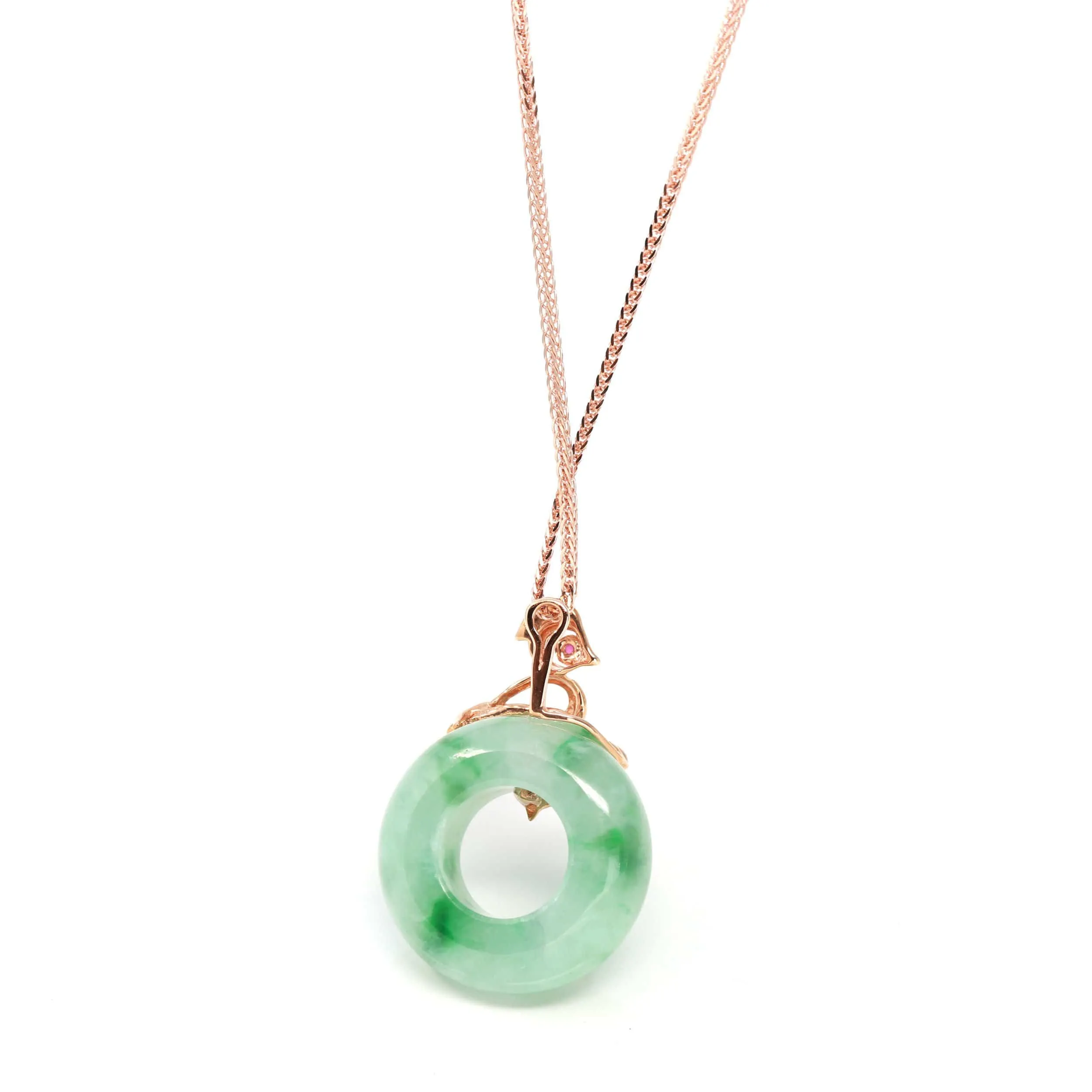 RealJade® "Good Luck Birdie" 18k Rose Gold Genuine Burmese Jadeite Lucky Pendant Necklace With AA Ruby & Diamond