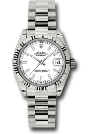 Rolex White Gold Datejust 31 Watch - Fluted Bezel - White Index Dial - President Bracelet 178279 wip