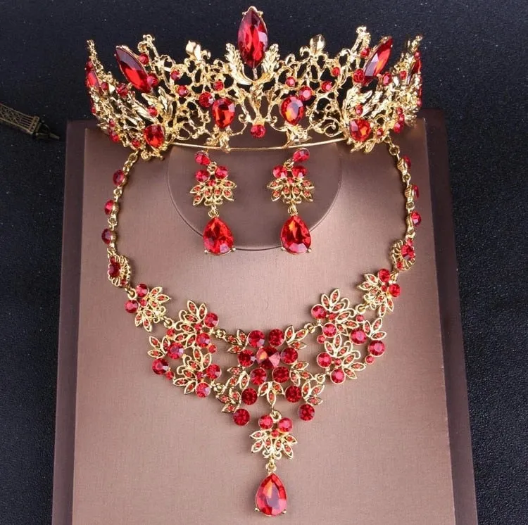 Rose Ruby Red Vintage Rhinestone Tiara and Jewelry Set