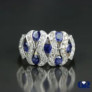 Round Cut Diamond & Sapphire Cocktail Ring & Right Hand Ring In 18K White Gold