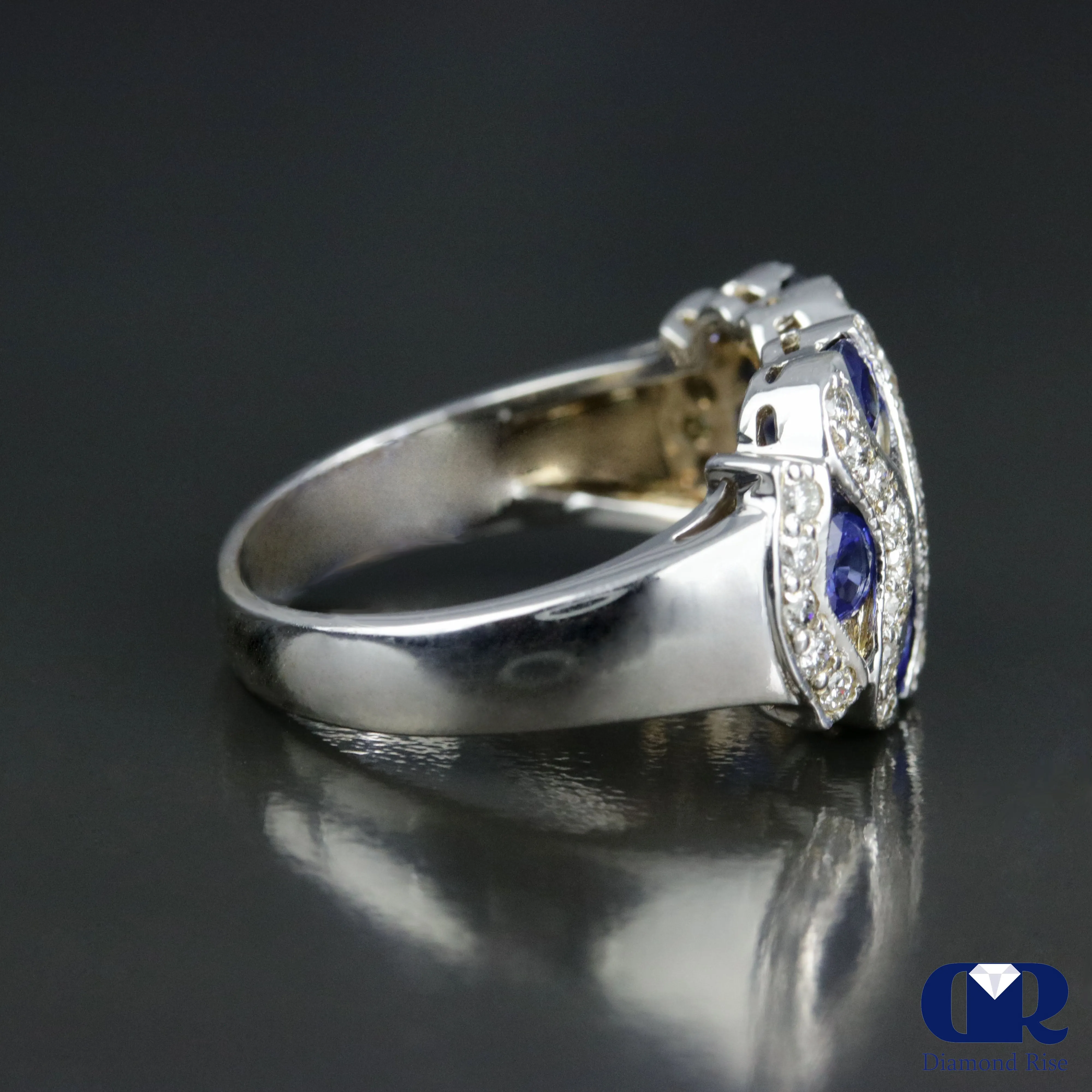 Round Cut Diamond & Sapphire Cocktail Ring & Right Hand Ring In 18K White Gold