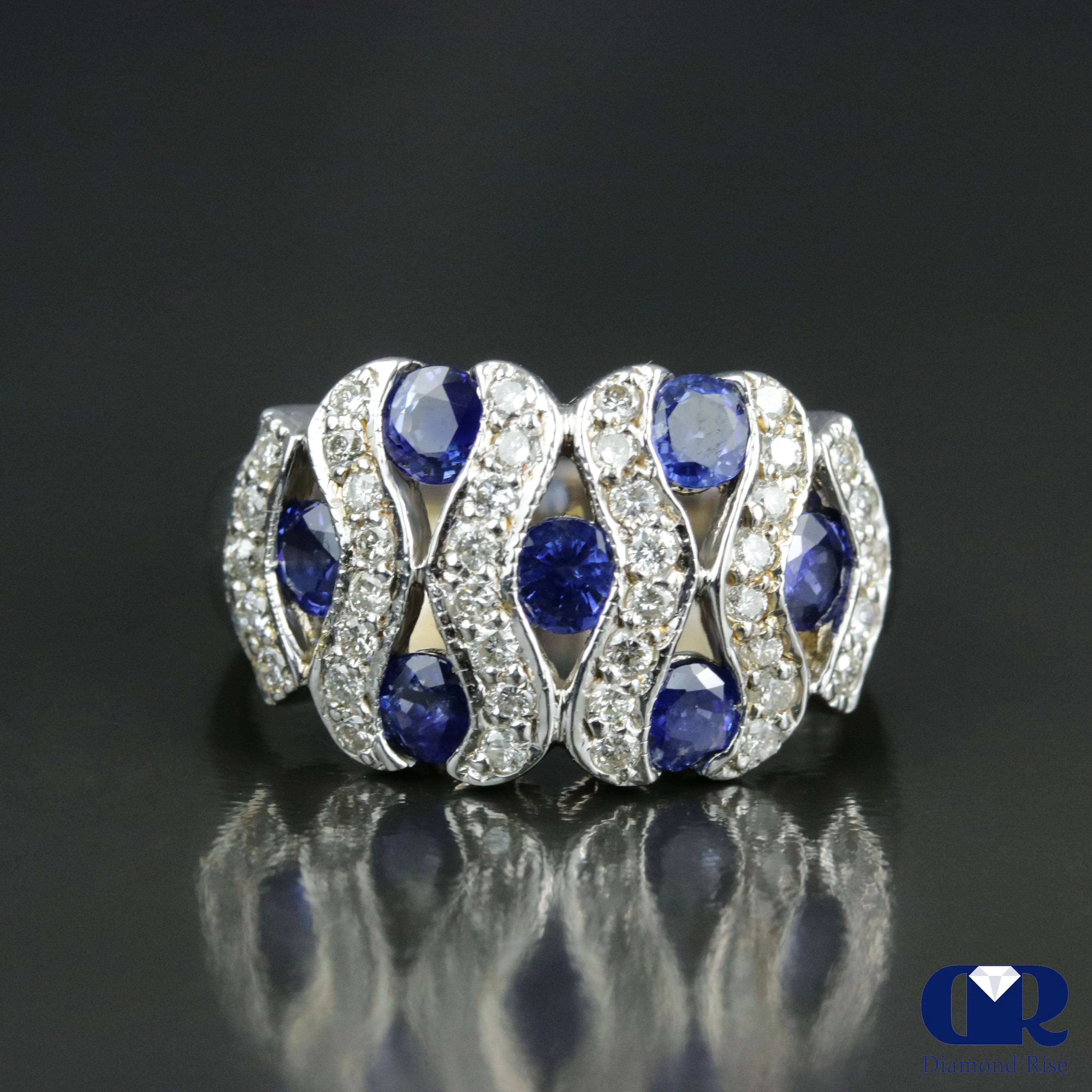 Round Cut Diamond & Sapphire Cocktail Ring & Right Hand Ring In 18K White Gold