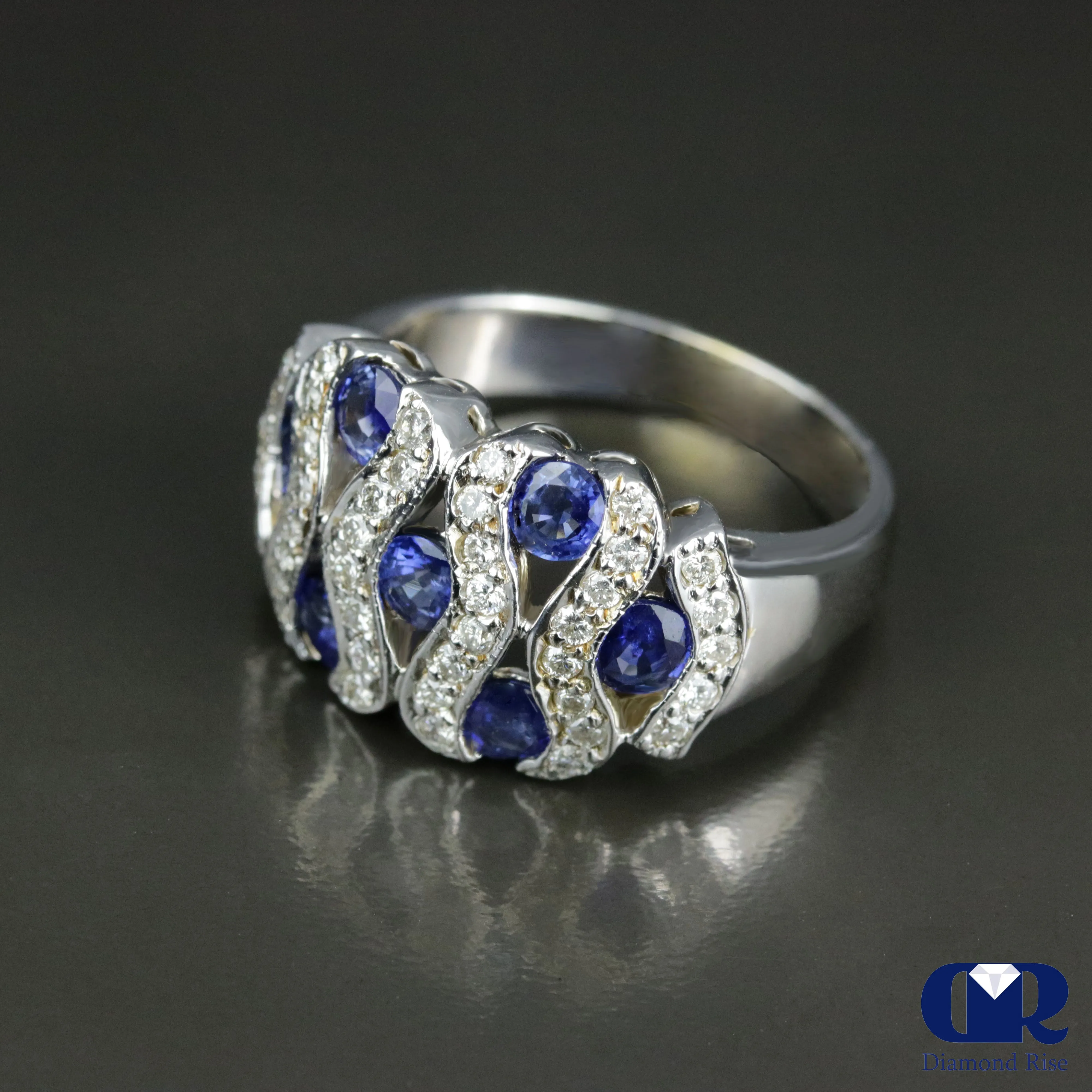 Round Cut Diamond & Sapphire Cocktail Ring & Right Hand Ring In 18K White Gold