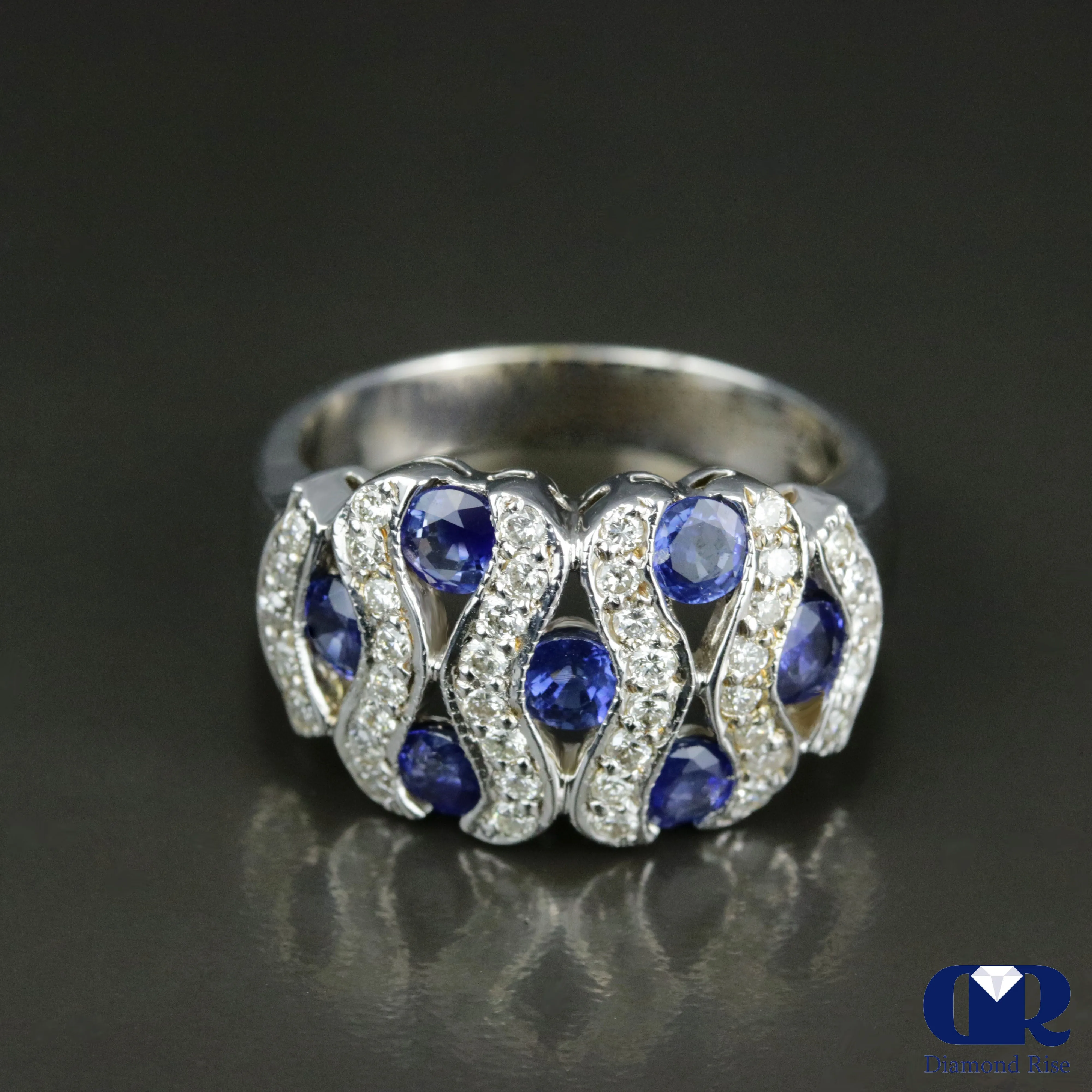 Round Cut Diamond & Sapphire Cocktail Ring & Right Hand Ring In 18K White Gold