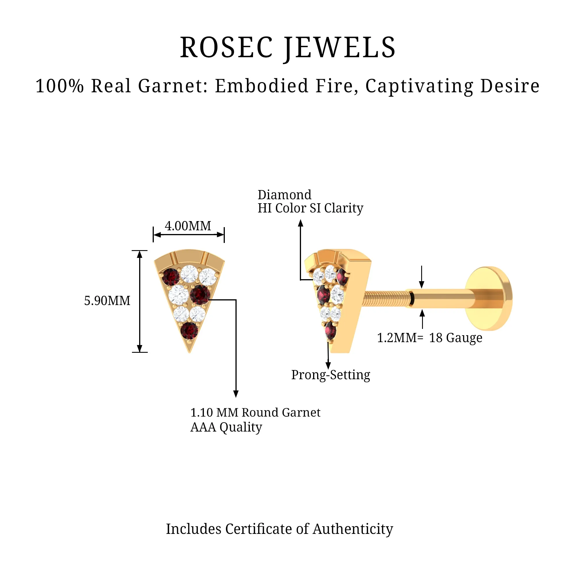 Round Cut Garnet and Diamond Pizza Slice Helix Earring in Gold