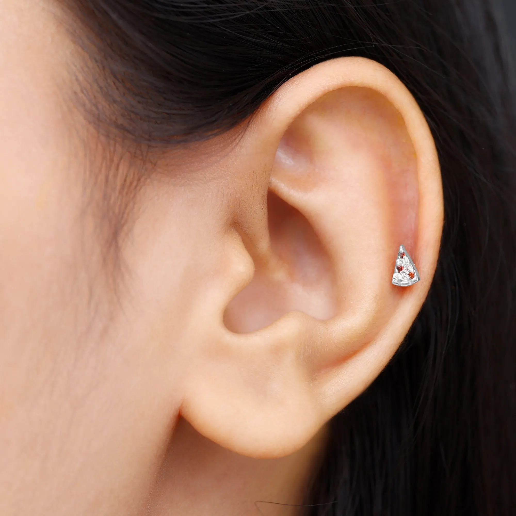 Round Cut Garnet and Diamond Pizza Slice Helix Earring in Gold