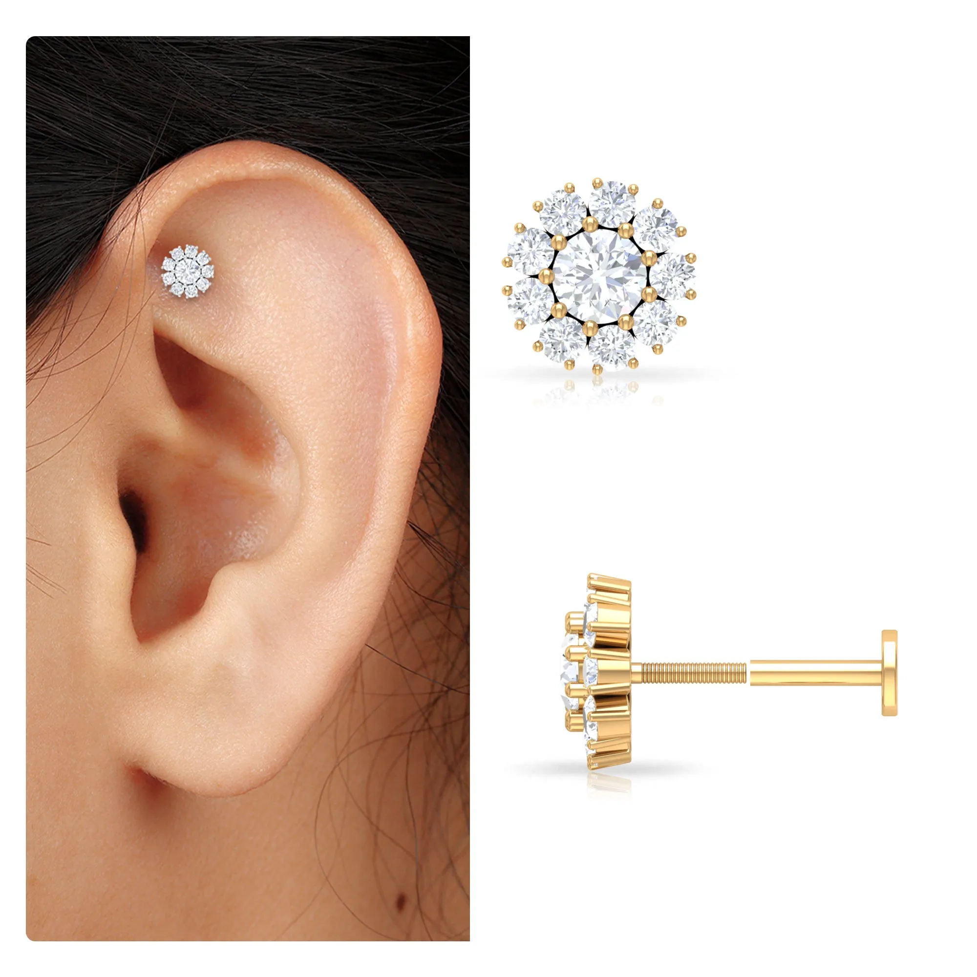 Round Moissanite Cluster Floral Cartilage Earring