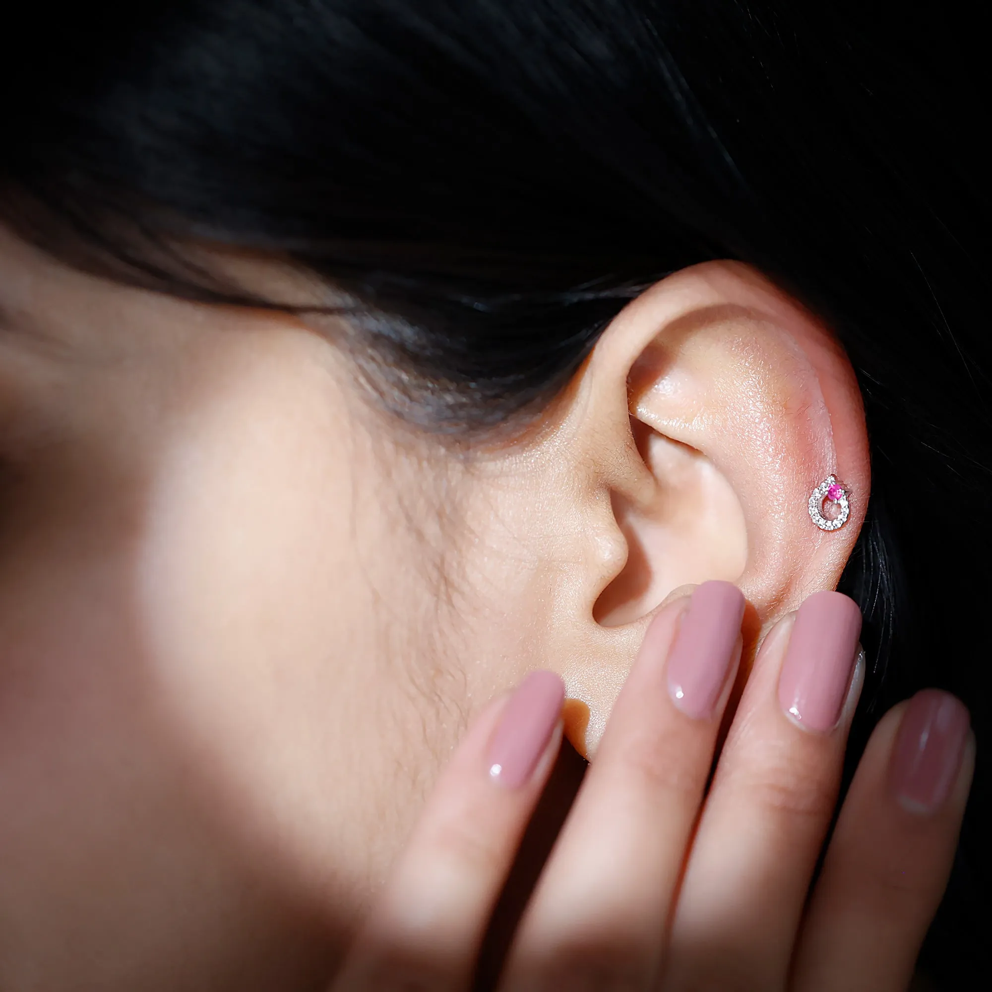 Round Ruby and Moissanite Unique Helix Earring