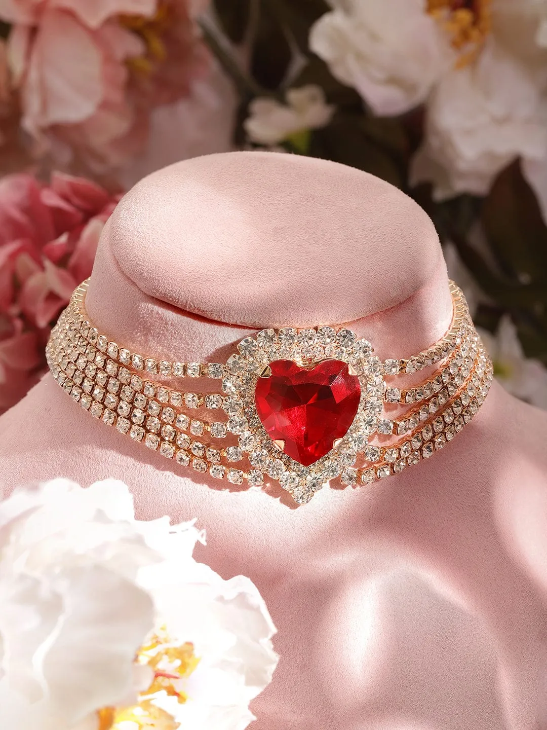 Rubans 22 KT Gold-Plated Emerald Heart-Shaped Ruby embered Choker with Sparkling AD Accents