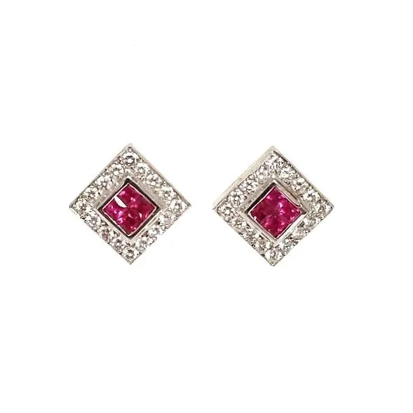 Ruby and Diamond Square French Back Stud Earrings