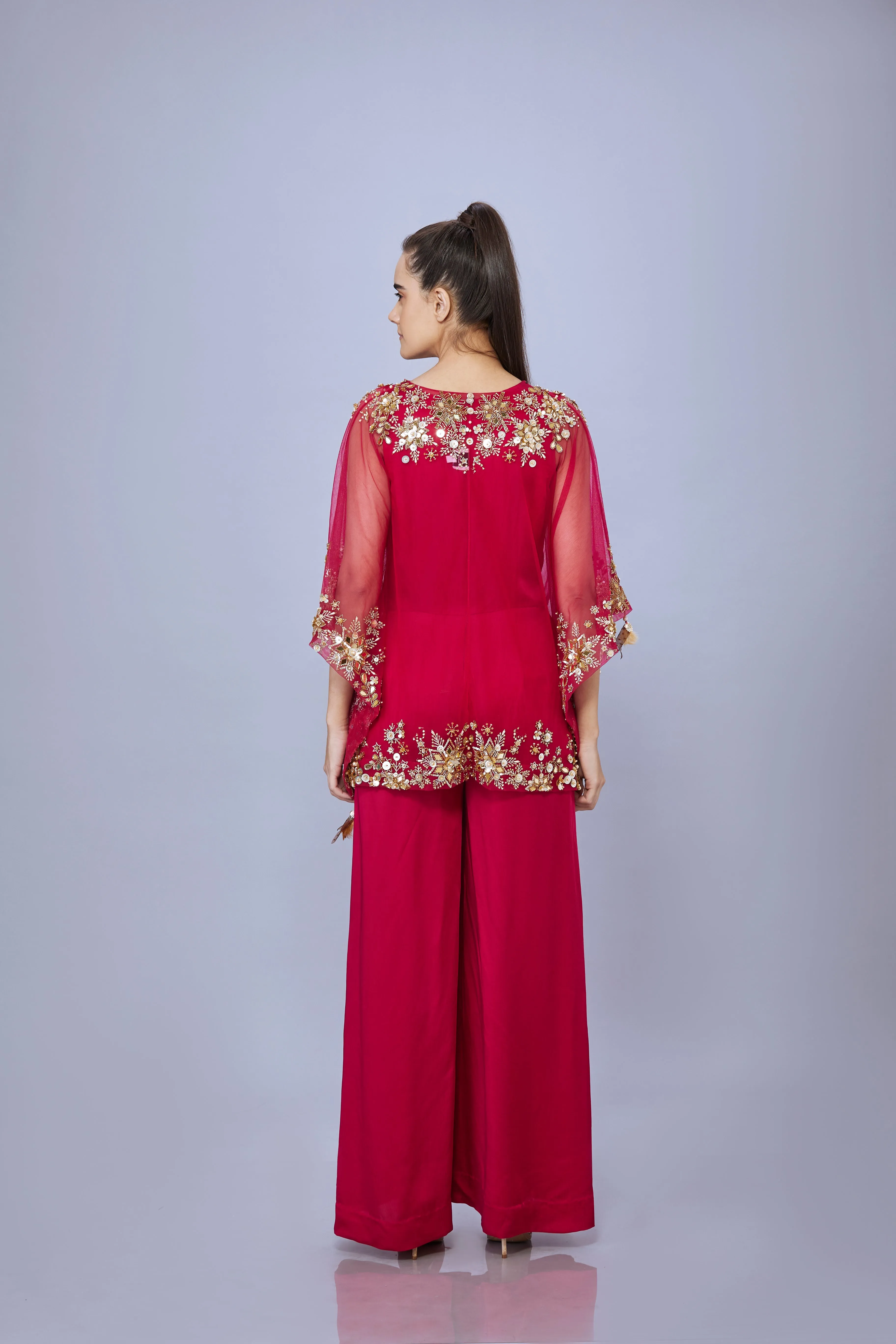 Ruby pink kaftan embroidered in mirrors & gold sequins & jumpsuit