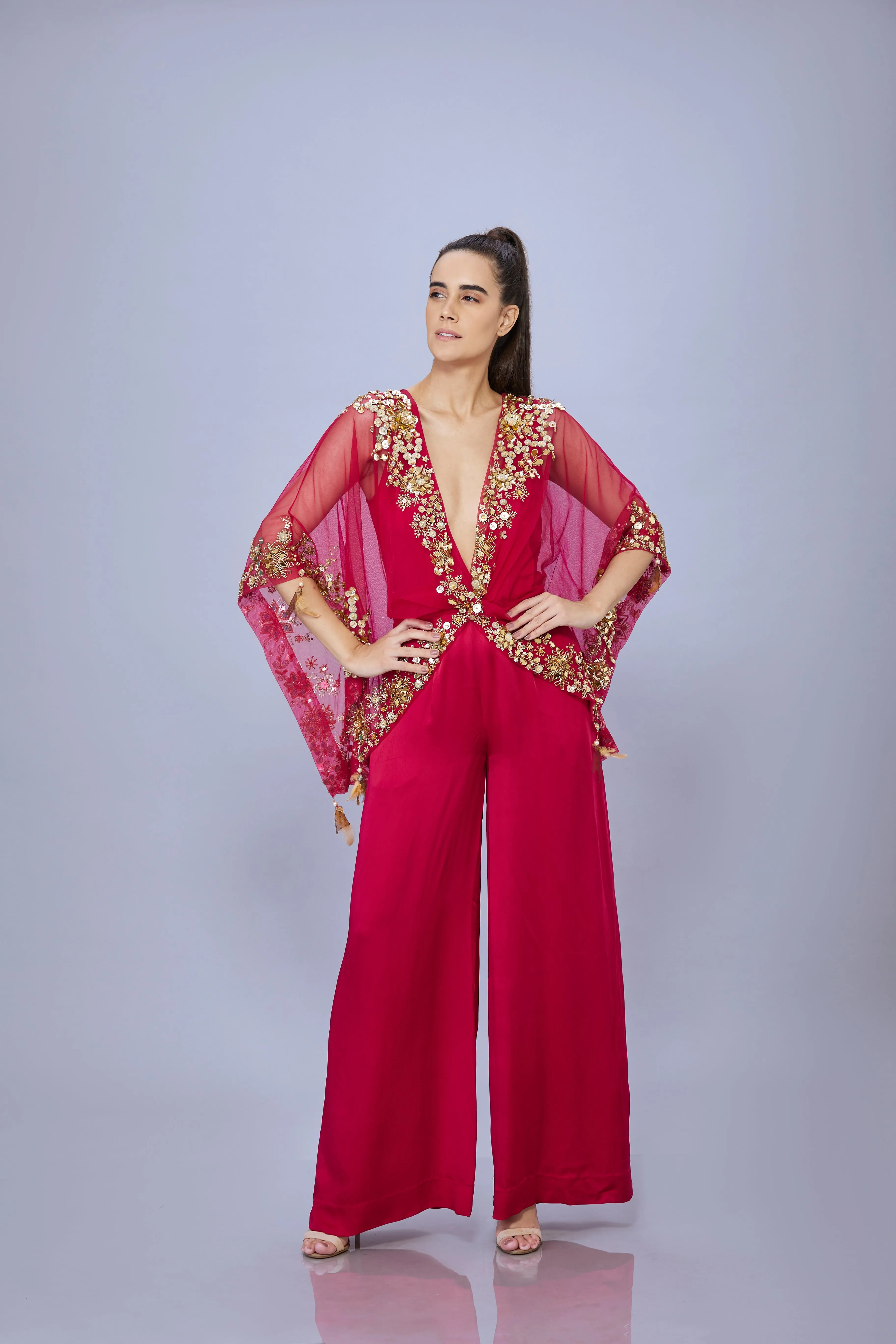 Ruby pink kaftan embroidered in mirrors & gold sequins & jumpsuit