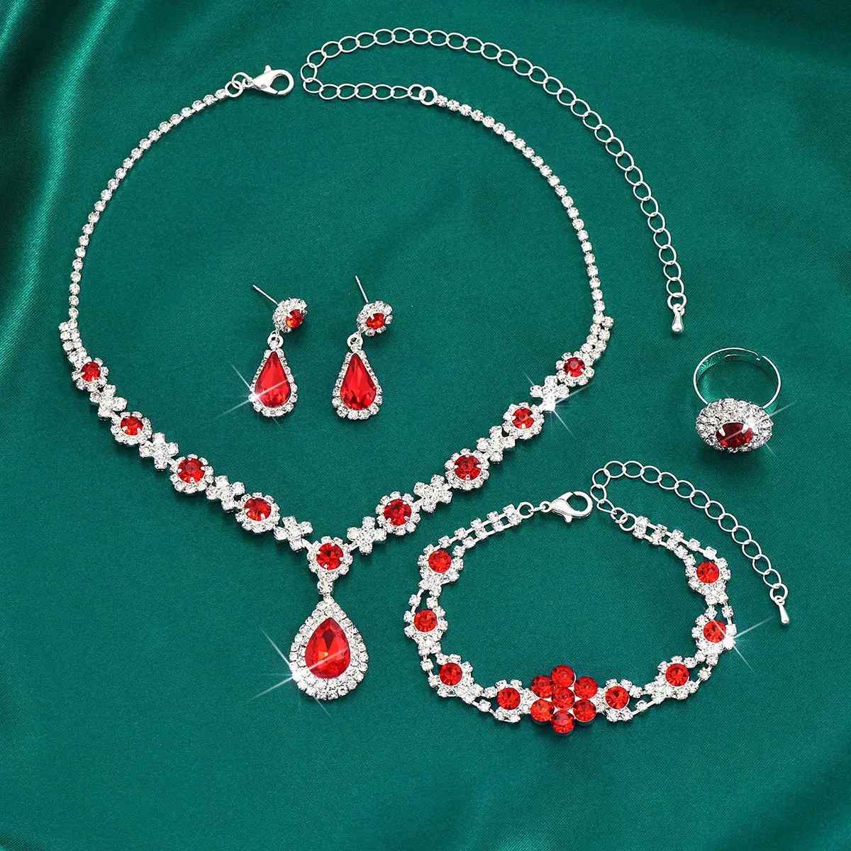 Silver Color Crystal Drop Necklace Earrings Bracelet Ring Jewelry Set